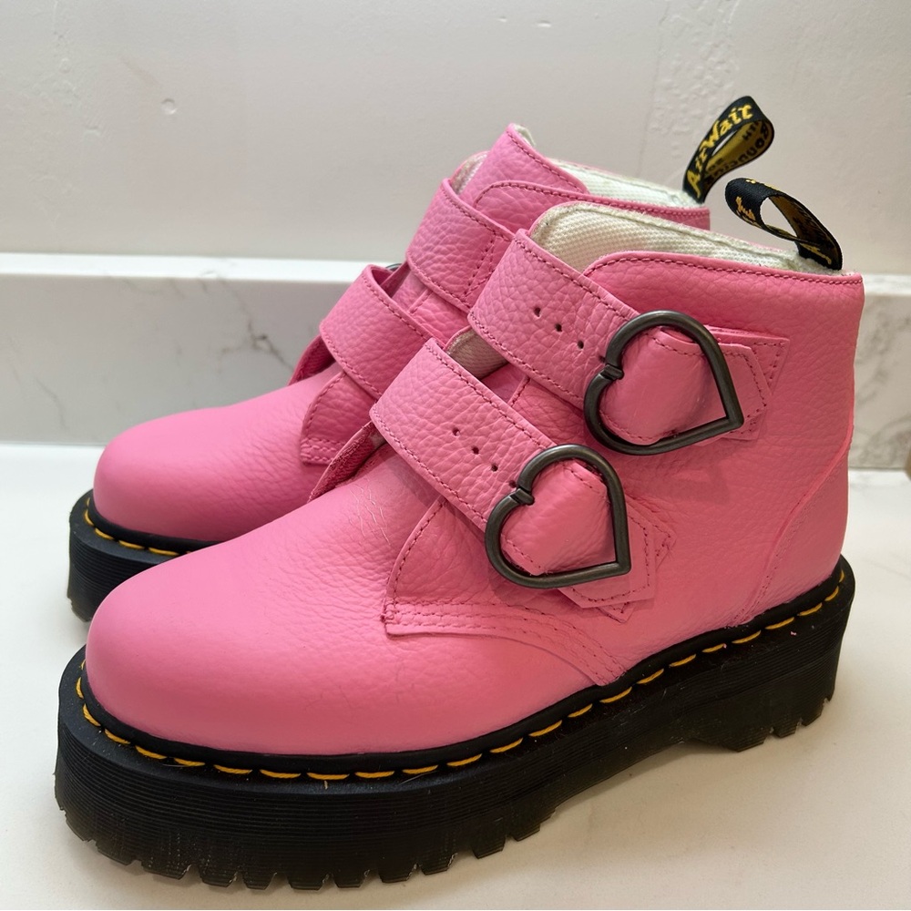 Dr. Martens Pink Painted Heart-Buckle Platform Ankle Boots